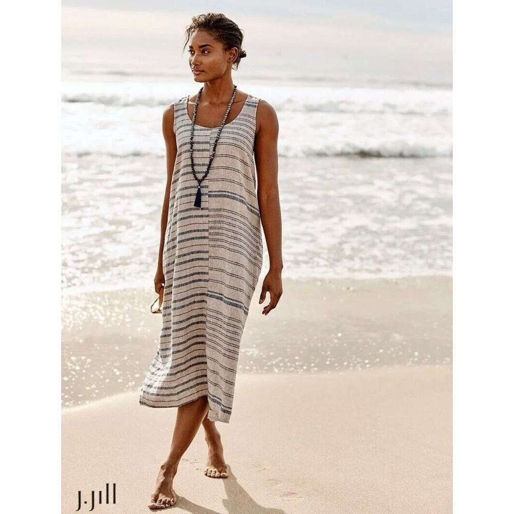 J. Jill Pure Jill Linen Mixed-Stripes Dipped-Hem Dress Beach 1X